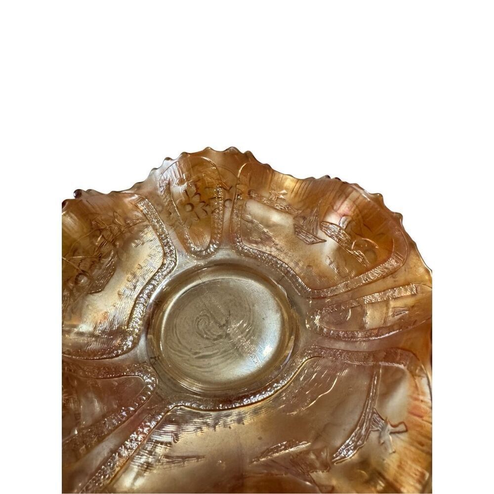 FENTON Sailboat Windmill & Orange Tree Carnival Glass Ruffled Rim Bowl 6.25"W - Picture 2 of 11